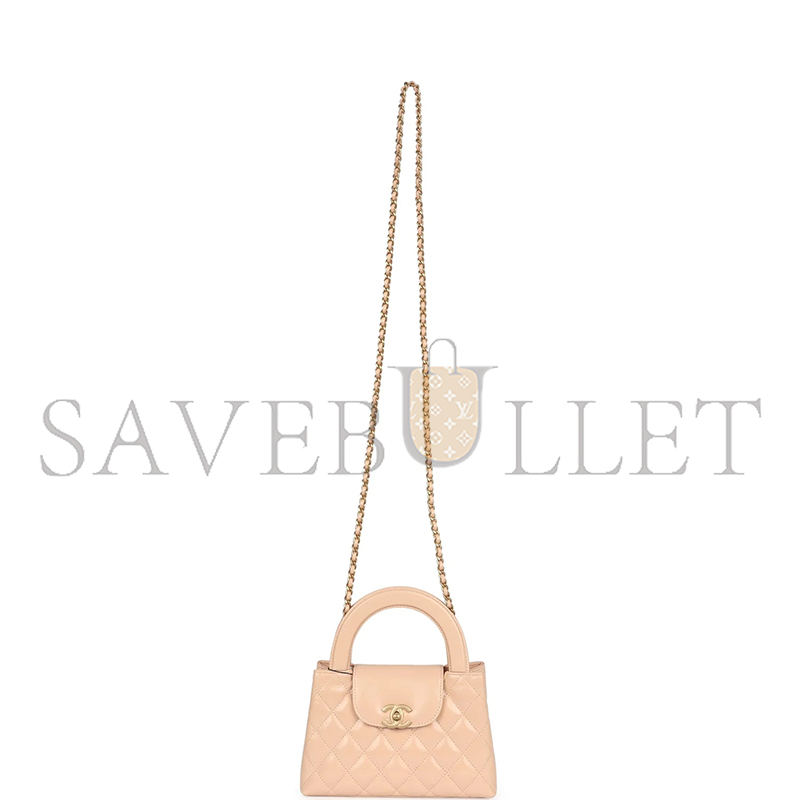 CHANEL KELLY SHOPPER BEIGE SHINY CALFSKIN BRUSHED GOLD HARDWARE AS4416 (19*13*7cm)